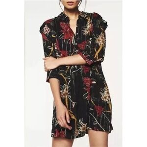 Ba&sh Paprika Patty Floral Metallic Stripe Mini Shirt Dress Black Red Gold Small